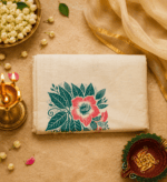 Elegant Off-White Cotton Saree with Mint Green Border & Floral Prints - Image 2