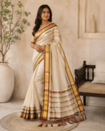 A graceful cream, gold and maroon tissue saree - Image 2