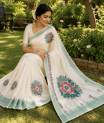 Elegant Off-White Cotton Saree with Mint Green Border & Floral Prints - Image 3