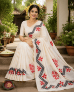 Off-White Cotton Saree with Red Floral Prints & Black Designer Border - Image 2