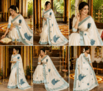 Off White Cotton Saree with Pastel Mint Green peacock embroidery - Image 2
