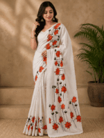 Off white saree with orange floral print - Image 2